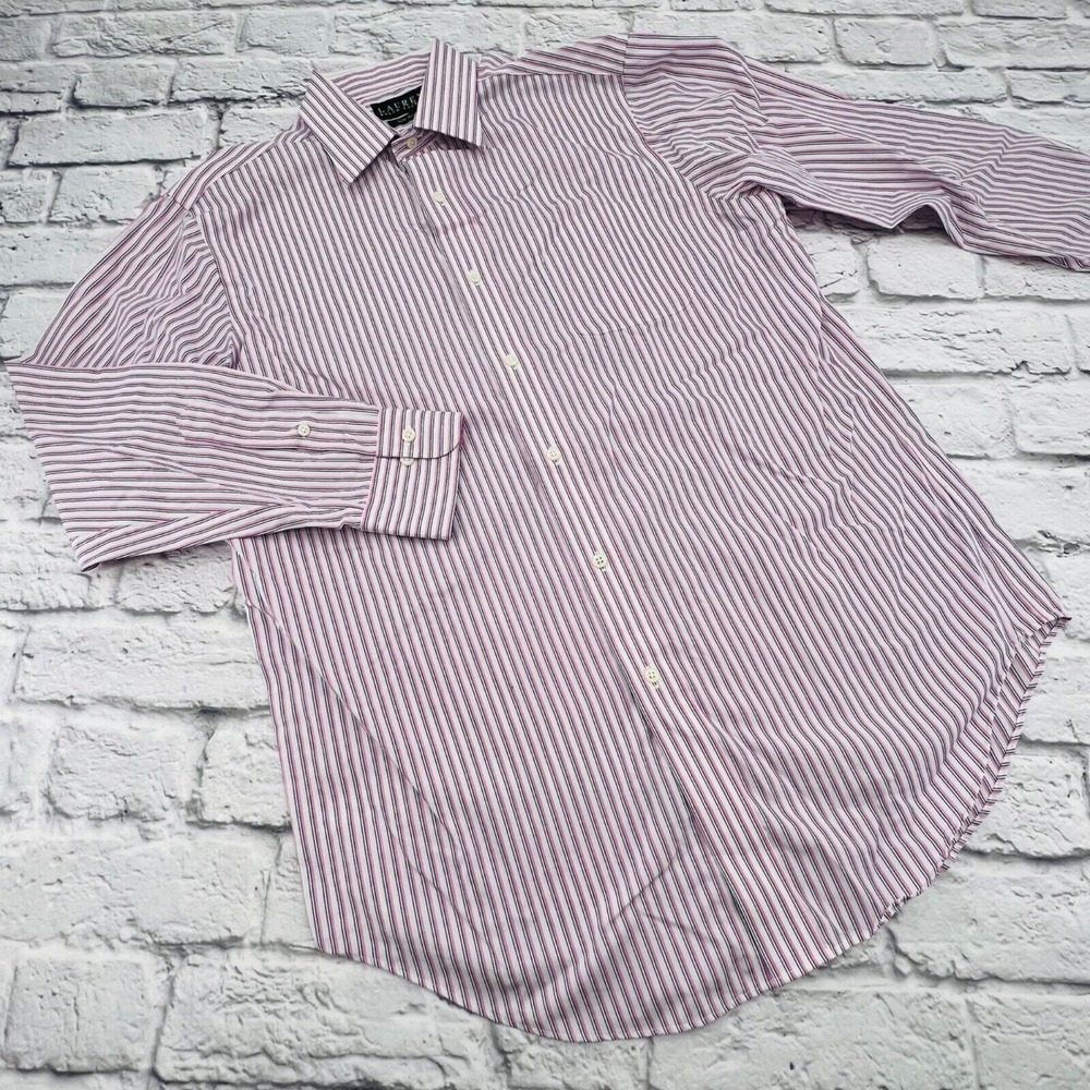 Lauren Ralph Lauren Mens Non Iron Striped Dress Shirt Pink Navy 15.5 32/33